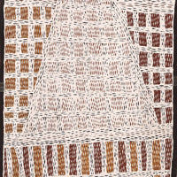 Aboriginal Artwork by Marrnyula Munuŋgurr Watjumi, Ganybu, 75x37cm Bark