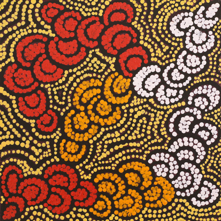 Aboriginal Artwork by Melinda Napurrurla Wilson, Lukarrara Jukurrpa (Desert Fringe-rush Seed Dreaming), 30x30cm