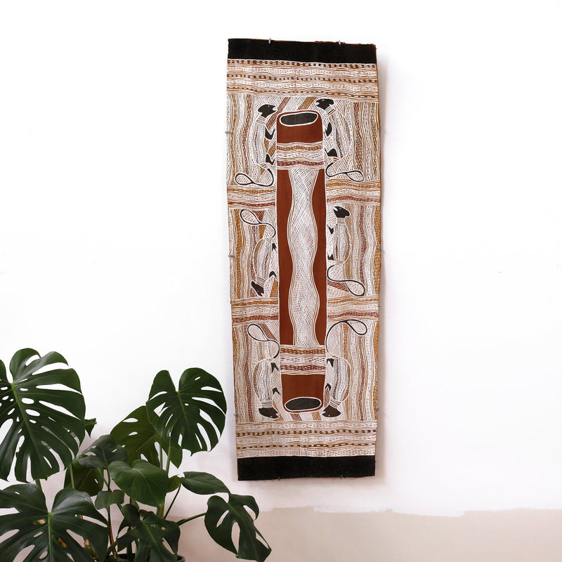 Aboriginal Artwork by Naminapu Maymuru-White, Mangalili Story, 136x47cm Bark
