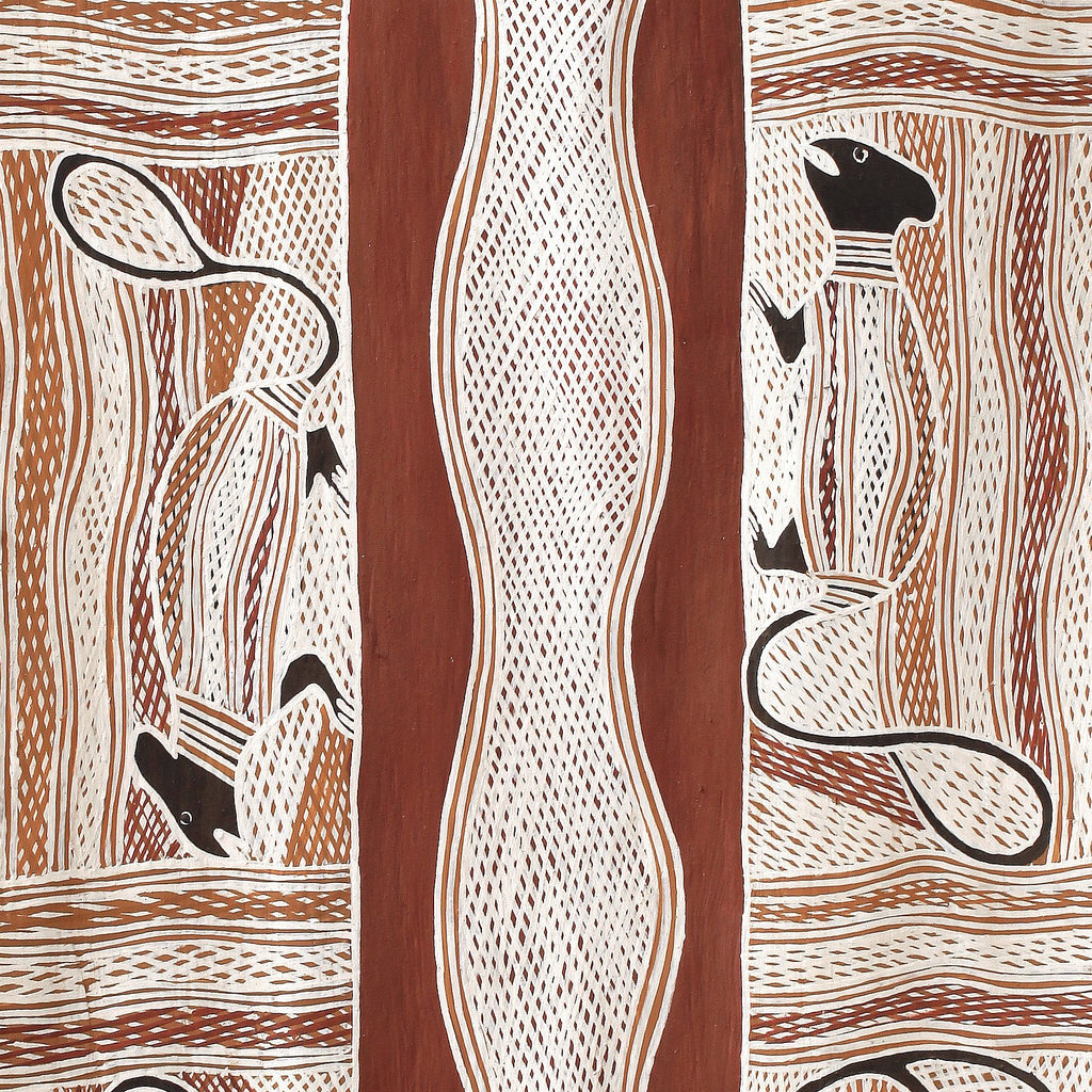 Aboriginal Artwork by Naminapu Maymuru-White, Mangalili Story, 136x47cm Bark