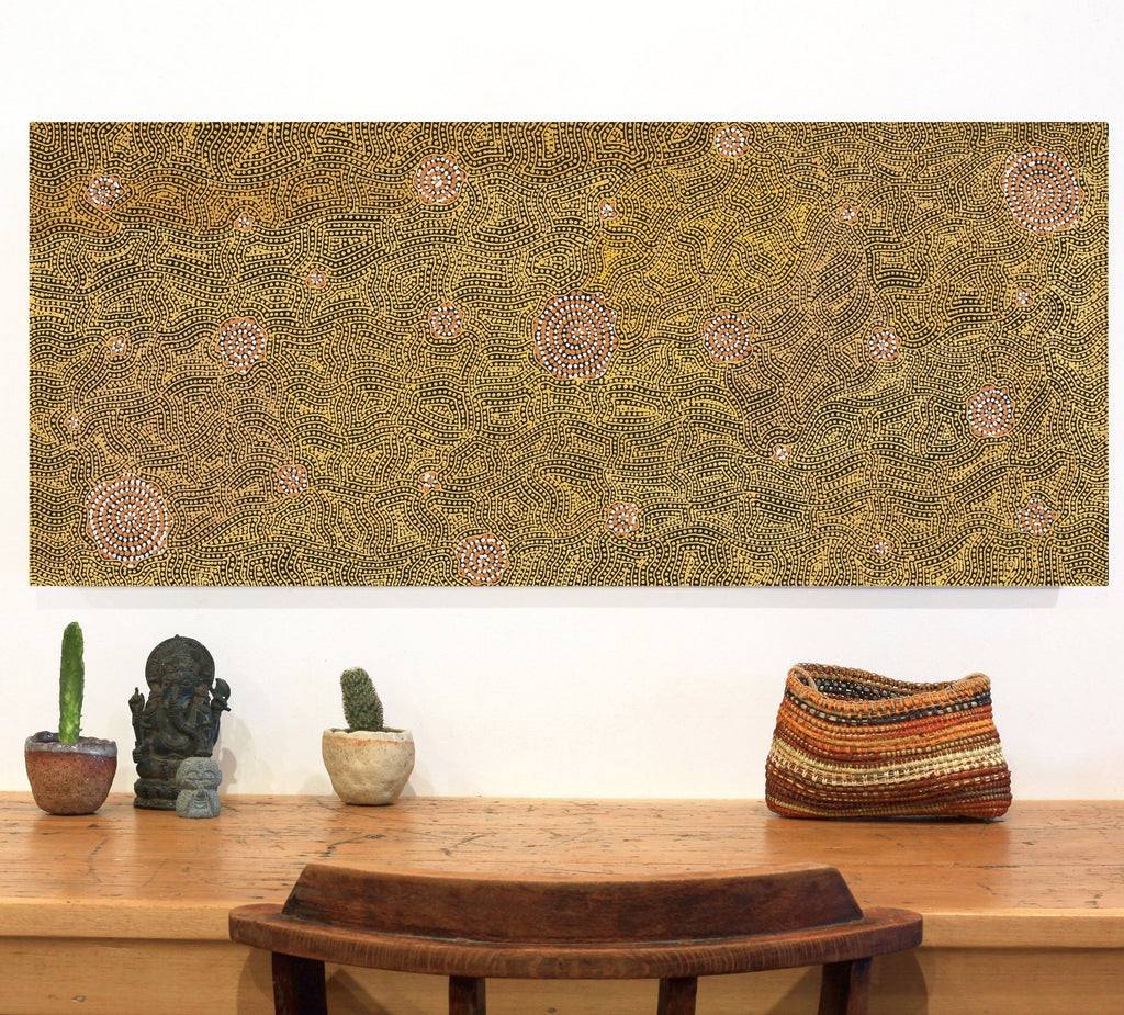 Aboriginal Artwork by Nathania Nangala Granites, Warlukurlangu Jukurrpa (Fire country Dreaming), 107x46cm