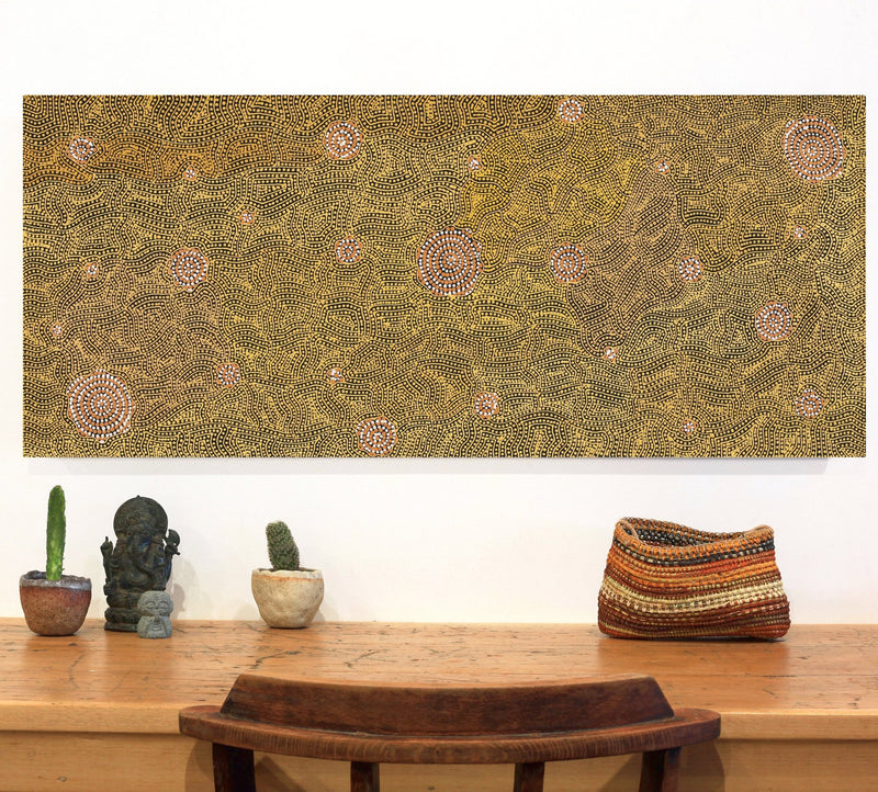 Aboriginal Artwork by Nathania Nangala Granites, Warlukurlangu Jukurrpa (Fire country Dreaming), 107x46cm