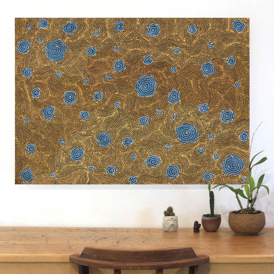 Aboriginal Artwork by Nathania Nangala Granites, Warlukurlangu Jukurrpa (Fire country Dreaming), 107x76cm