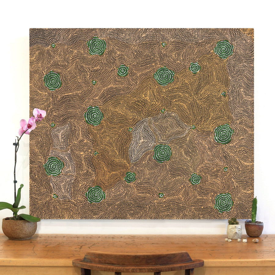 Aboriginal Artwork by Nathania Nangala Granites, Warlukurlangu Jukurrpa (Fire country Dreaming), 107x91cm