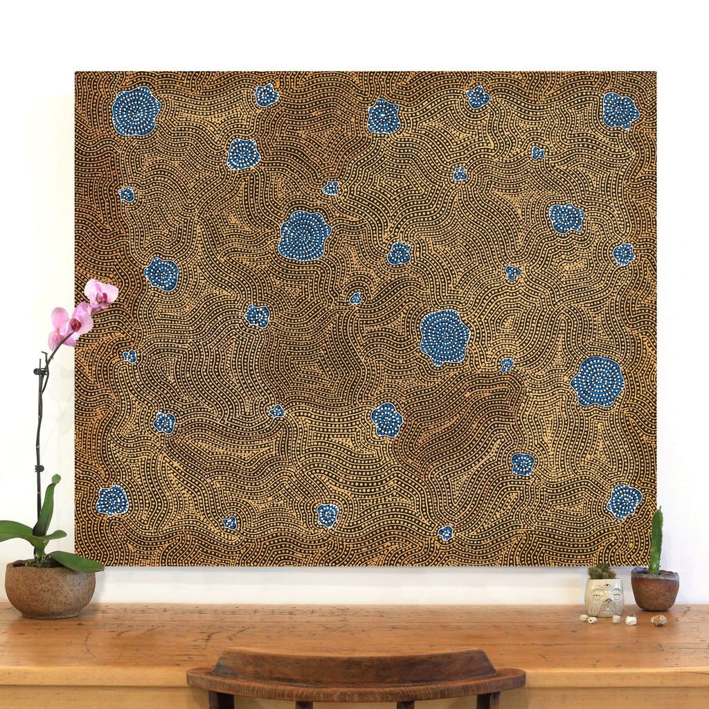 Aboriginal Artwork by Nathania Nangala Granites, Warlukurlangu Jukurrpa (Fire country Dreaming), 107x91cm