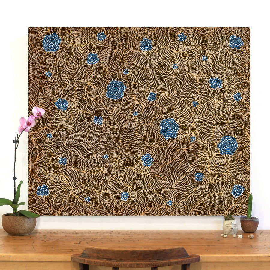 Aboriginal Artwork by Nathania Nangala Granites, Warlukurlangu Jukurrpa (Fire country Dreaming), 107x91cm