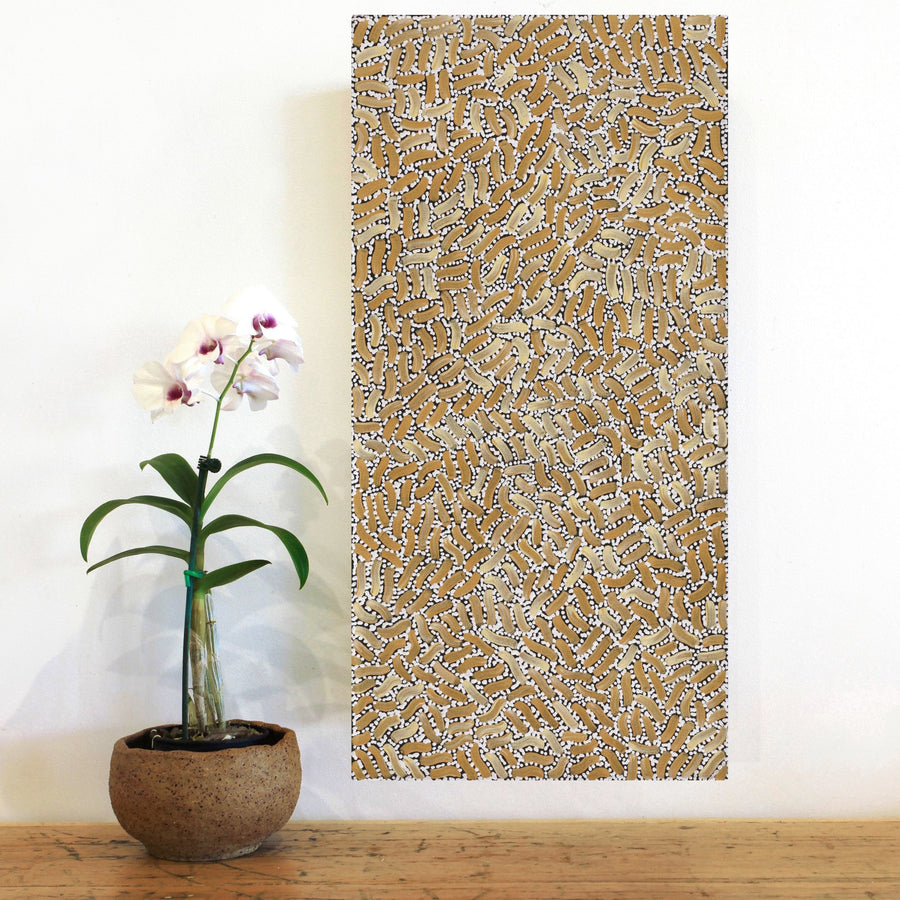 Aboriginal Artwork by Nathania Nangala Granites, Warlukurlangu Jukurrpa (Fire country Dreaming), 61x30cm