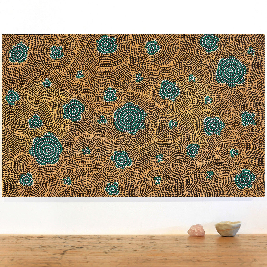 Aboriginal Artwork by Nathania Nangala Granites, Warlukurlangu Jukurrpa (Fire country Dreaming), 76x46cm