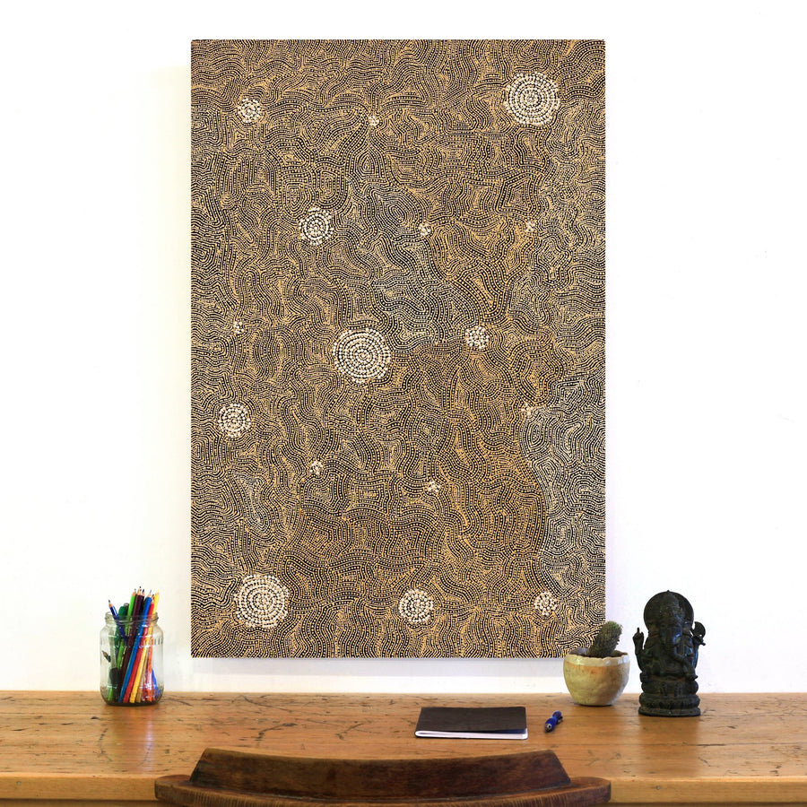 Aboriginal Artwork by Nathania Nangala Granites, Warlukurlangu Jukurrpa (Fire country Dreaming), 91x61cm