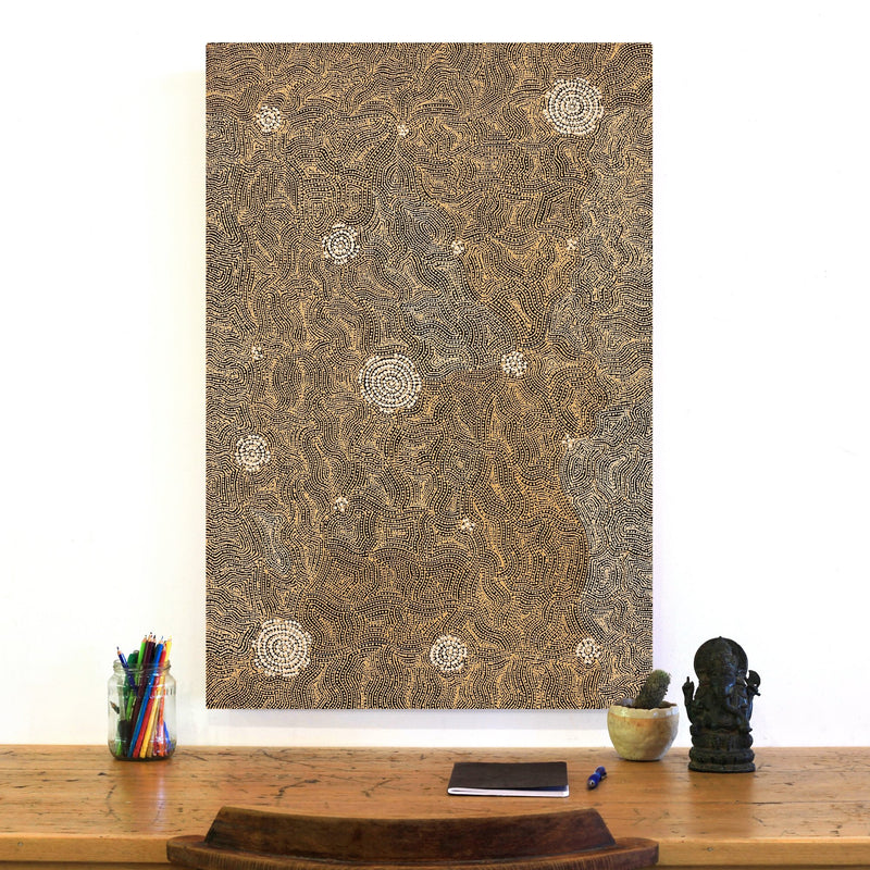 Aboriginal Artwork by Nathania Nangala Granites, Warlukurlangu Jukurrpa (Fire country Dreaming), 91x61cm