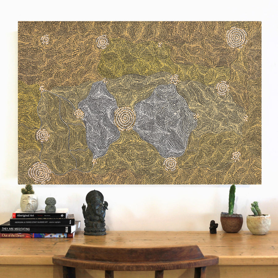 Aboriginal Artwork by Nathania Nangala Granites, Warlukurlangu Jukurrpa (Fire country Dreaming), 91x61cm