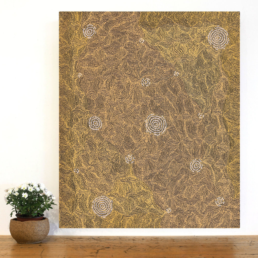 Aboriginal Artwork by Nathania Nangala Granites, Warlukurlangu Jukurrpa (Fire country Dreaming), 91x76cm