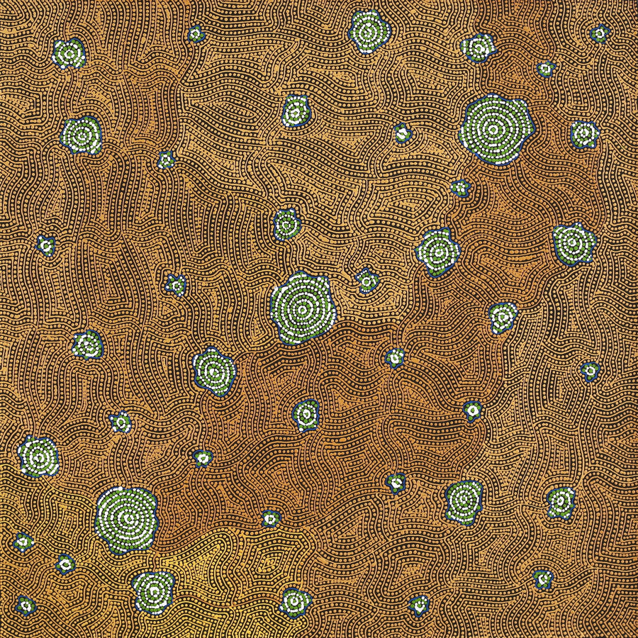 Aboriginal Artwork by Nathania Nangala Granites, Warlukurlangu Jukurrpa (Fire country Dreaming), 91x91cm