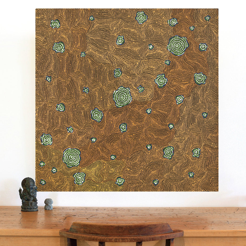 Aboriginal Artwork by Nathania Nangala Granites, Warlukurlangu Jukurrpa (Fire country Dreaming), 91x91cm