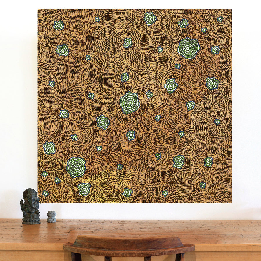 Aboriginal Artwork by Nathania Nangala Granites, Warlukurlangu Jukurrpa (Fire country Dreaming), 91x91cm