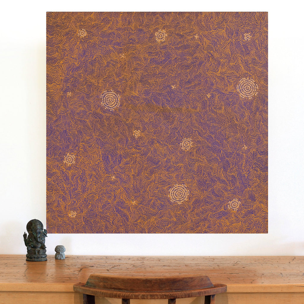 Aboriginal Artwork by Nathania Nangala Granites, Warlukurlangu Jukurrpa (Fire country Dreaming), 91x91cm