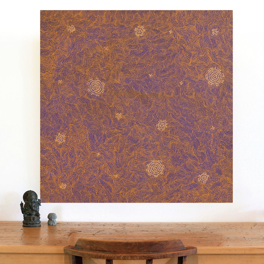 Aboriginal Artwork by Nathania Nangala Granites, Warlukurlangu Jukurrpa (Fire country Dreaming), 91x91cm