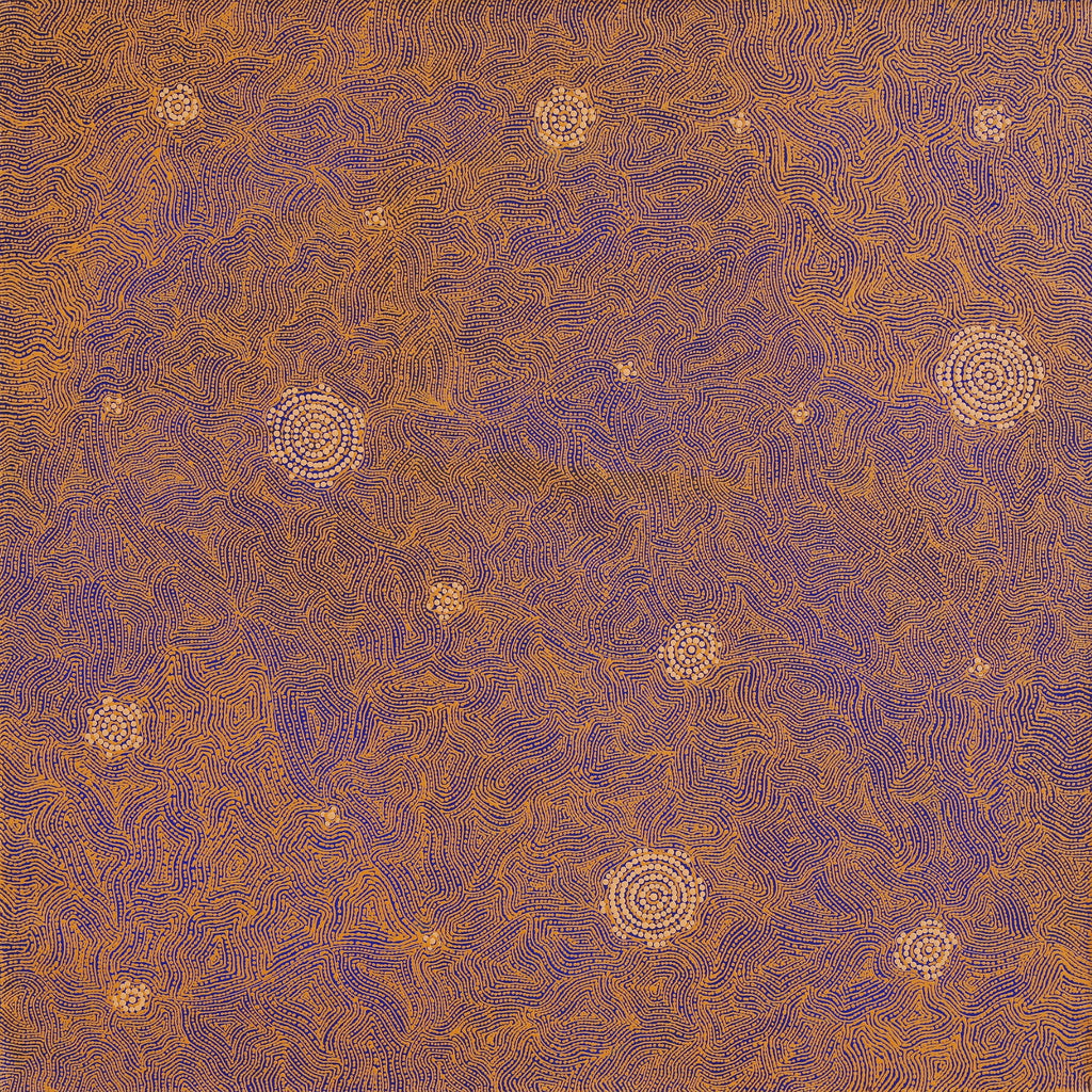 Aboriginal Artwork by Nathania Nangala Granites, Warlukurlangu Jukurrpa (Fire country Dreaming), 91x91cm