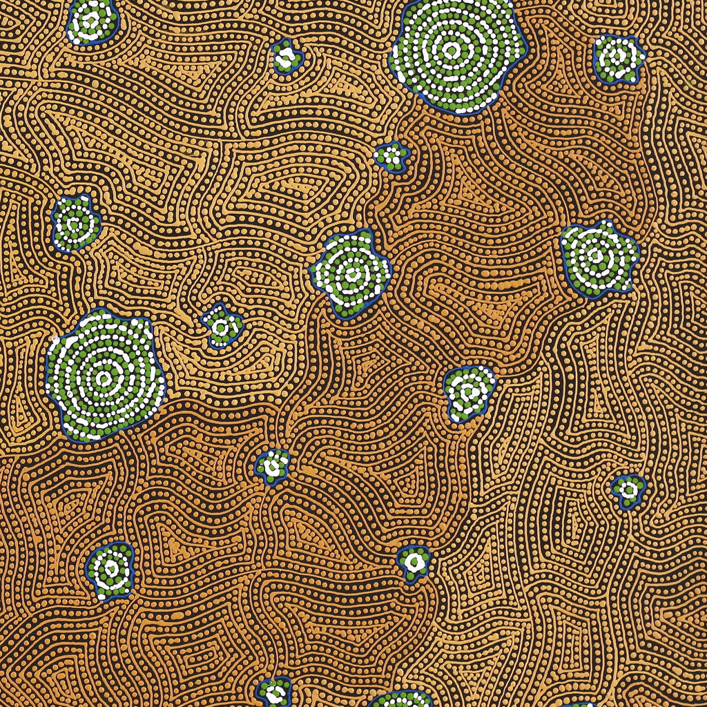 Aboriginal Artwork by Nathania Nangala Granites, Warlukurlangu Jukurrpa (Fire country Dreaming), 91x91cm