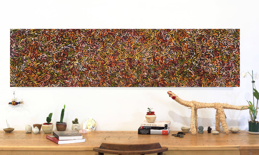 Aboriginal Artwork by Nola Napangardi Fisher, Purrpalanji (Skinny Bush Banana) Jukurrpa, 183x46cm