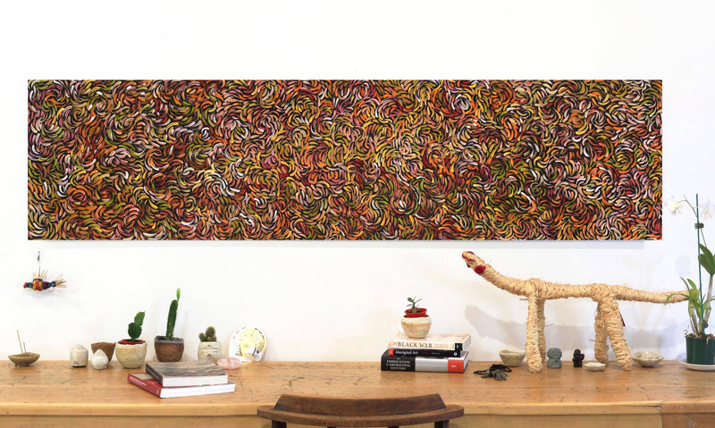 Aboriginal Artwork by Nola Napangardi Fisher, Purrpalanji (Skinny Bush Banana) Jukurrpa, 183x46cm