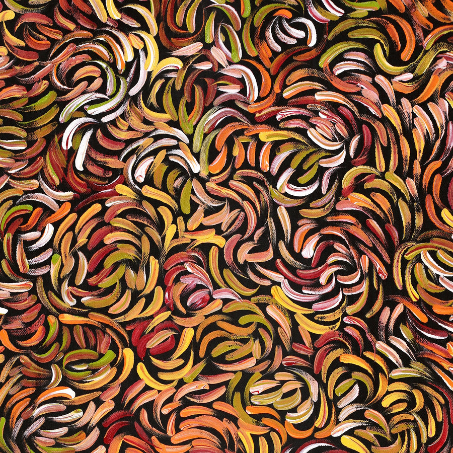 Aboriginal Artwork by Nola Napangardi Fisher, Purrpalanji (Skinny Bush Banana) Jukurrpa, 183x46cm