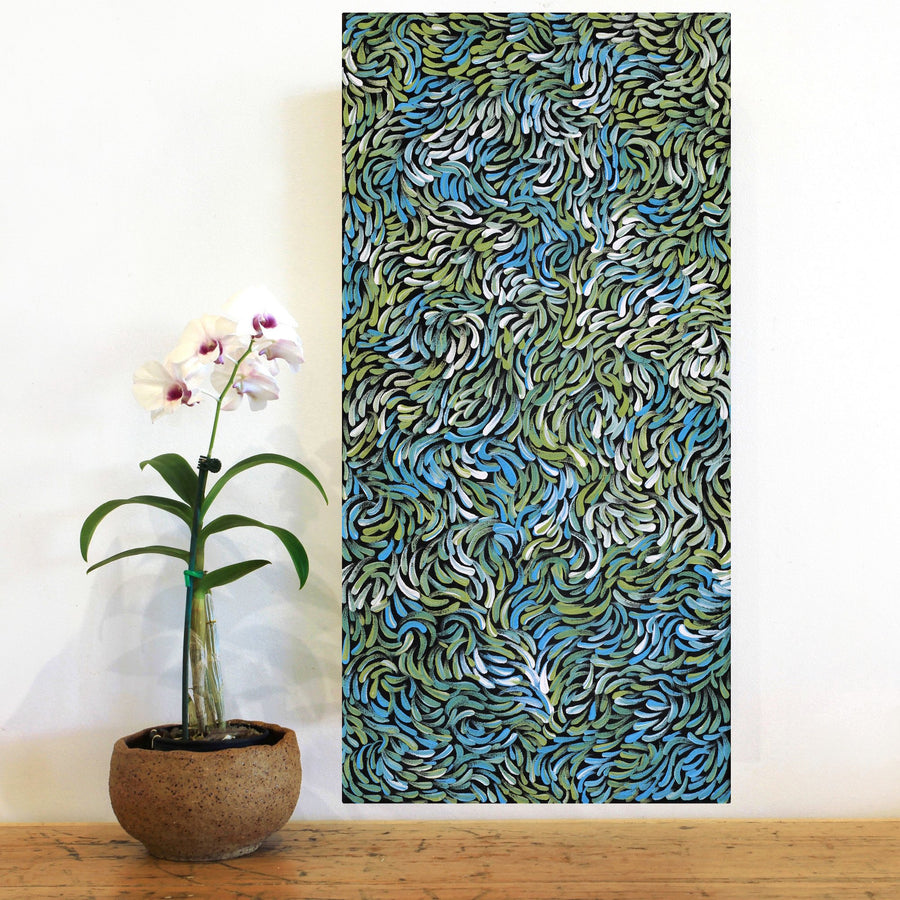 Aboriginal Artwork by Nola Napangardi Fisher, Purrpalanji (Skinny Bush Banana) Jukurrpa, 61x30cm