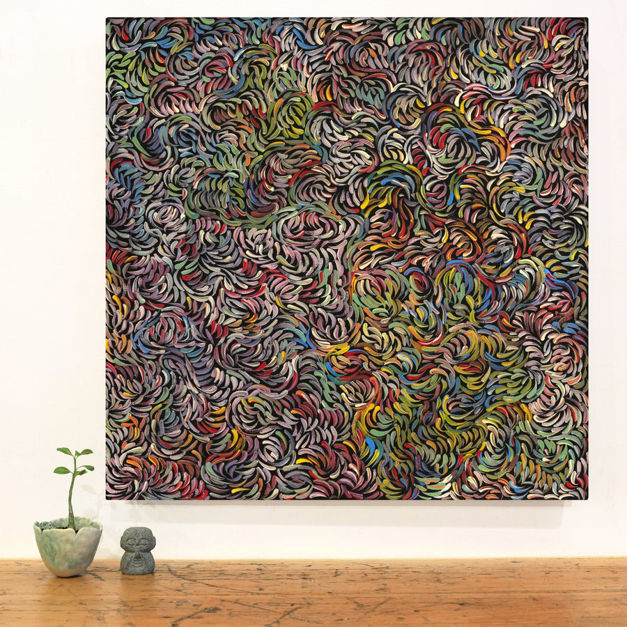 Aboriginal Artwork by Nola Napangardi Fisher, Purrpalanji (Skinny Bush Banana) Jukurrpa, 61x61cm