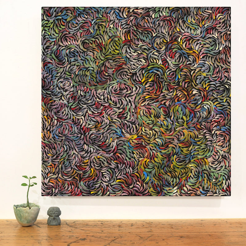 Aboriginal Artwork by Nola Napangardi Fisher, Purrpalanji (Skinny Bush Banana) Jukurrpa, 61x61cm