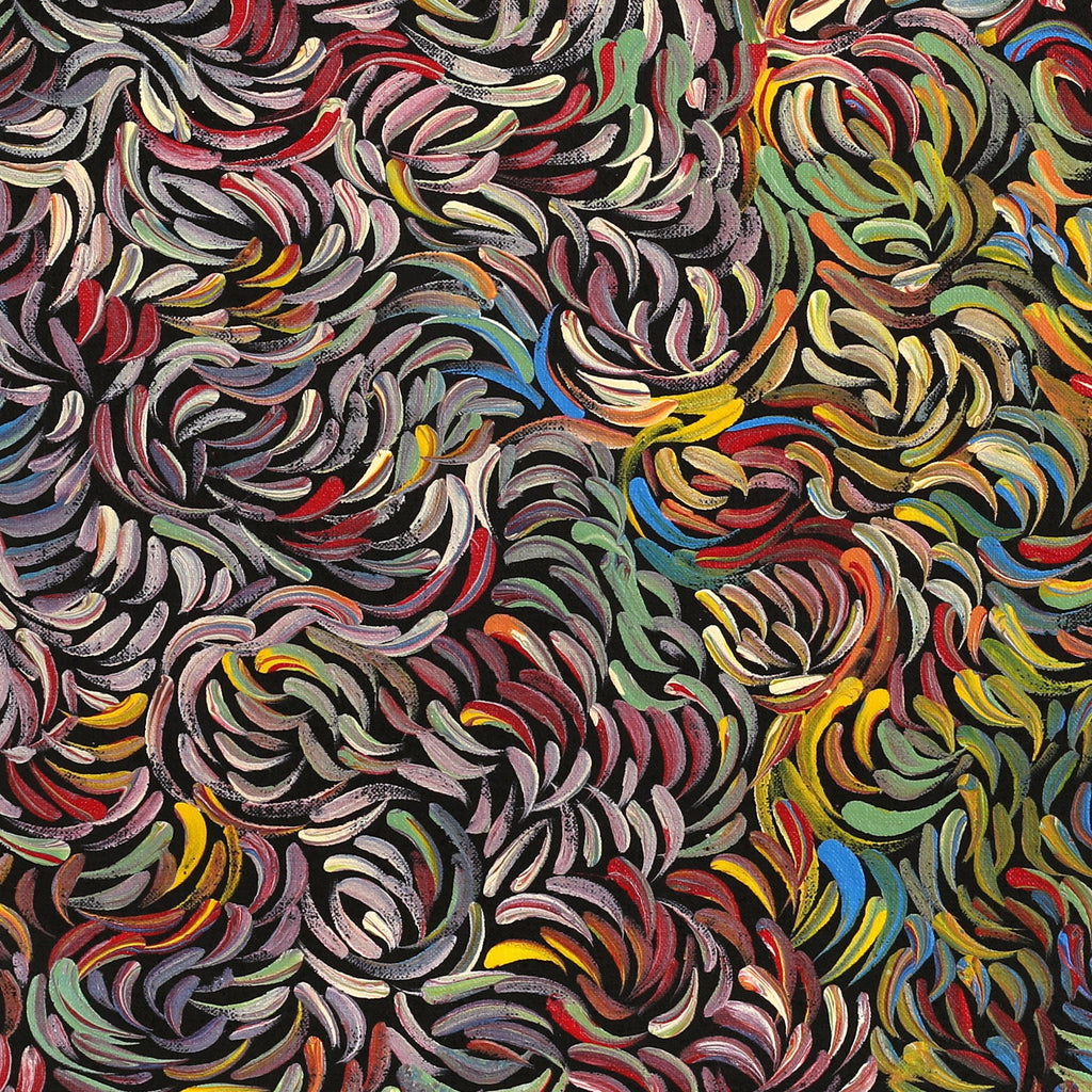 Aboriginal Artwork by Nola Napangardi Fisher, Purrpalanji (Skinny Bush Banana) Jukurrpa, 61x61cm