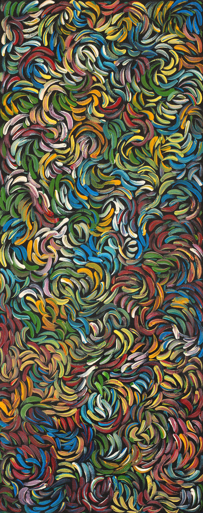 Aboriginal Artwork by Nola Napangardi Fisher, Purrpalanji (Skinny Bush Banana) Jukurrpa, 76x30cm