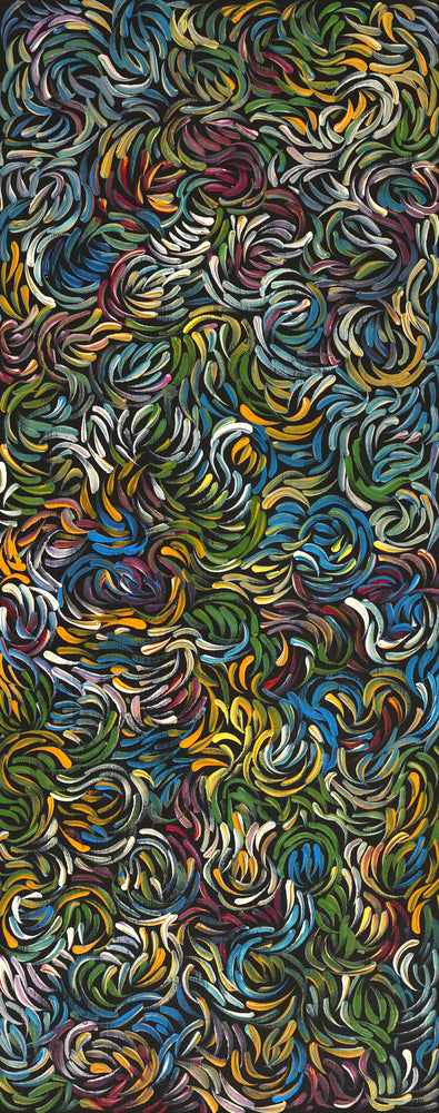 Aboriginal Artwork by Nola Napangardi Fisher, Purrpalanji (Skinny Bush Banana) Jukurrpa, 76x30cm