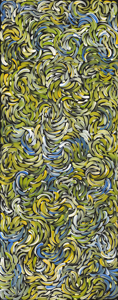 Aboriginal Artwork by Nola Napangardi Fisher, Purrpalanji (Skinny Bush Banana) Jukurrpa, 76x30cm