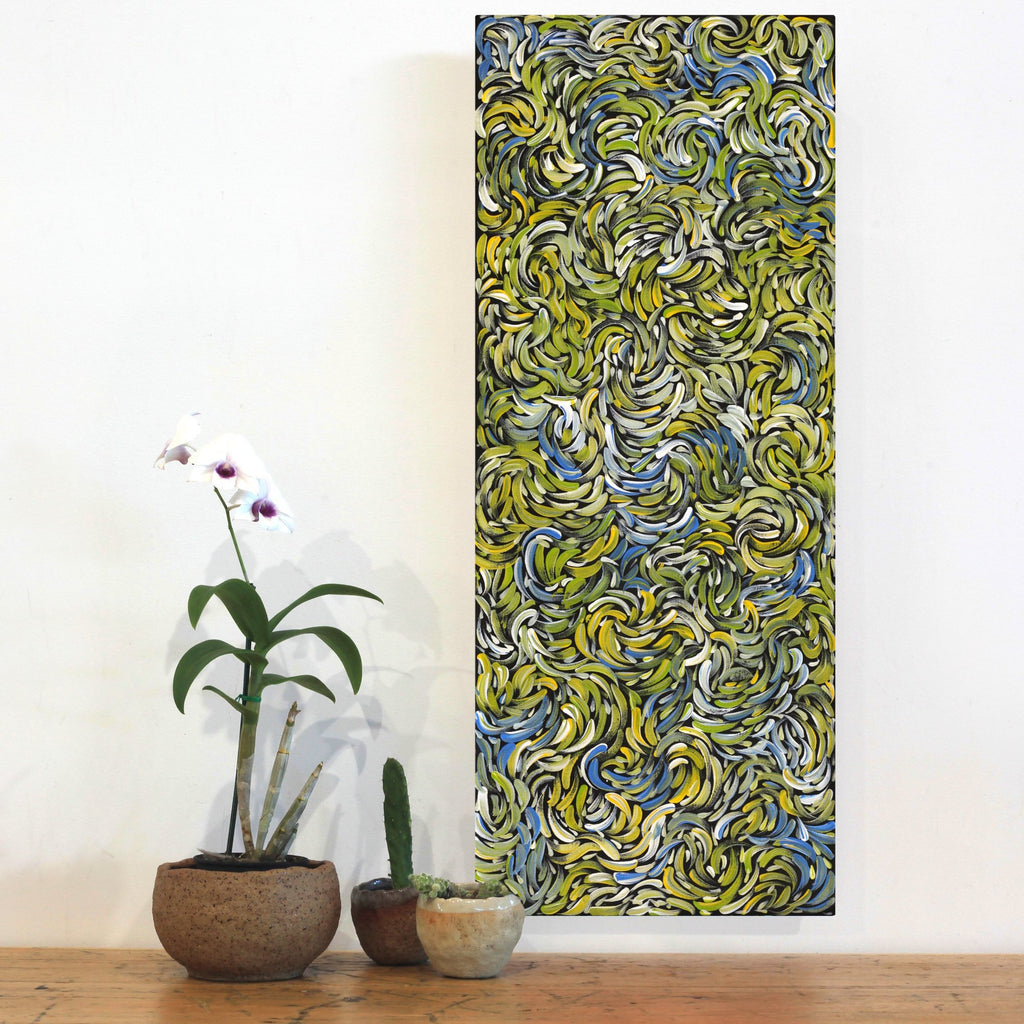 Aboriginal Artwork by Nola Napangardi Fisher, Purrpalanji (Skinny Bush Banana) Jukurrpa, 76x30cm