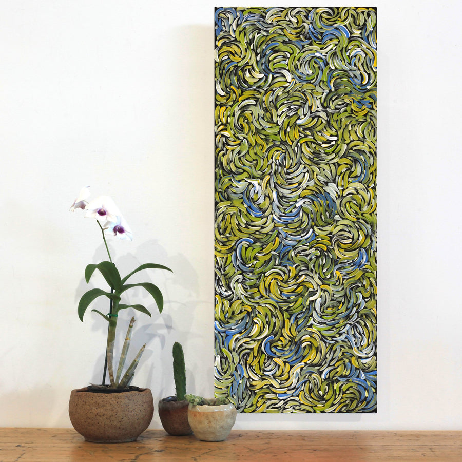 Aboriginal Artwork by Nola Napangardi Fisher, Purrpalanji (Skinny Bush Banana) Jukurrpa, 76x30cm