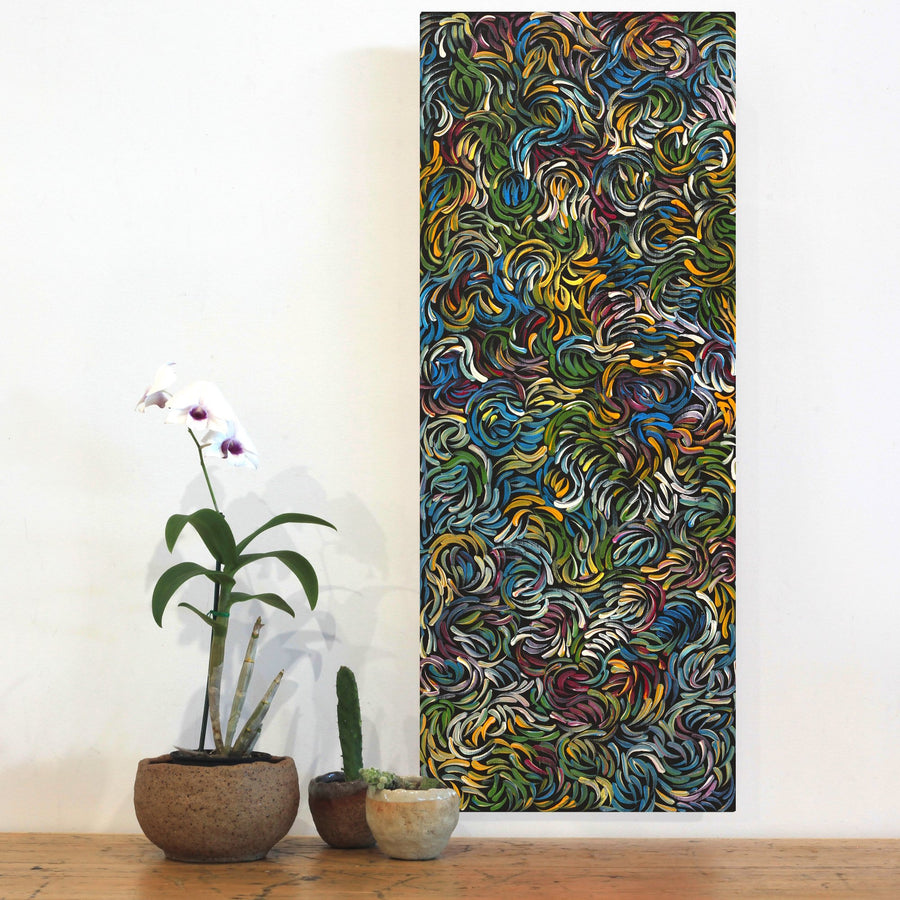Aboriginal Artwork by Nola Napangardi Fisher, Purrpalanji (Skinny Bush Banana) Jukurrpa, 76x30cm