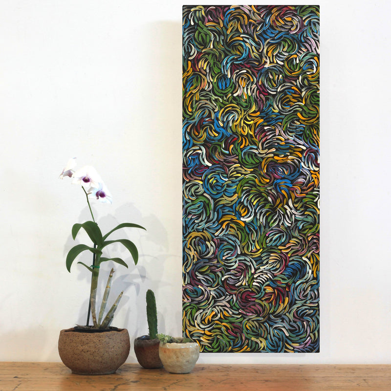 Aboriginal Artwork by Nola Napangardi Fisher, Purrpalanji (Skinny Bush Banana) Jukurrpa, 76x30cm