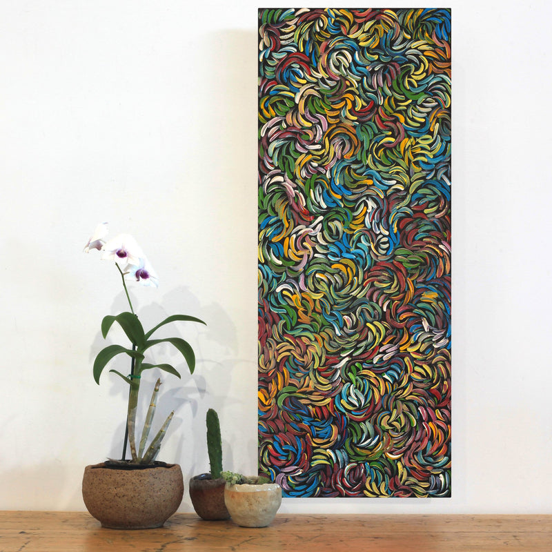 Aboriginal Artwork by Nola Napangardi Fisher, Purrpalanji (Skinny Bush Banana) Jukurrpa, 76x30cm