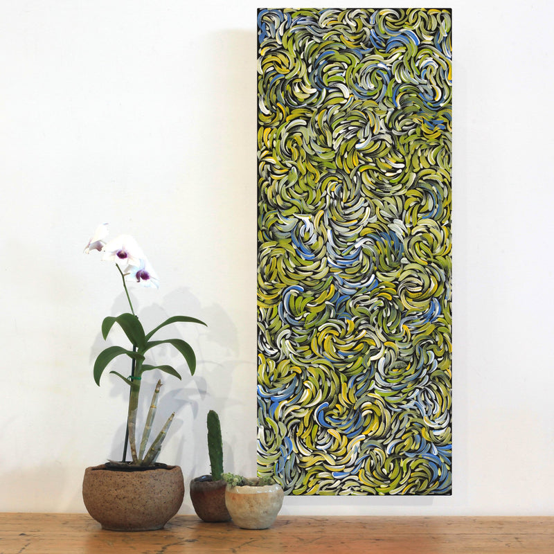 Aboriginal Artwork by Nola Napangardi Fisher, Purrpalanji (Skinny Bush Banana) Jukurrpa, 76x30cm