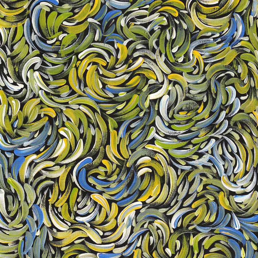Aboriginal Artwork by Nola Napangardi Fisher, Purrpalanji (Skinny Bush Banana) Jukurrpa, 76x30cm