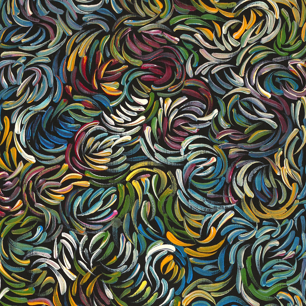 Aboriginal Artwork by Nola Napangardi Fisher, Purrpalanji (Skinny Bush Banana) Jukurrpa, 76x30cm