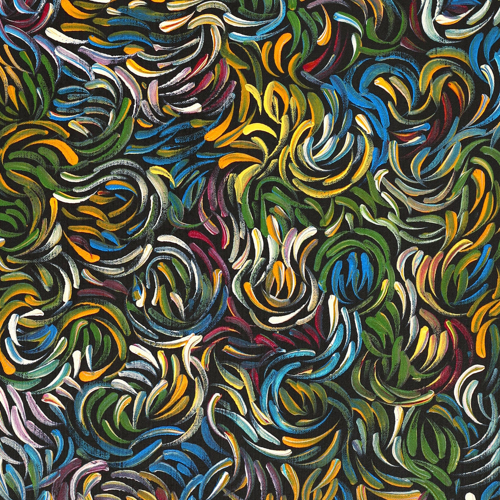 Aboriginal Artwork by Nola Napangardi Fisher, Purrpalanji (Skinny Bush Banana) Jukurrpa, 76x30cm