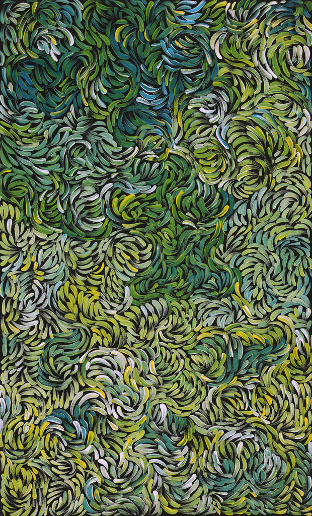 Aboriginal Artwork by Nola Napangardi Fisher, Purrpalanji (Skinny Bush Banana) Jukurrpa, 76x46cm