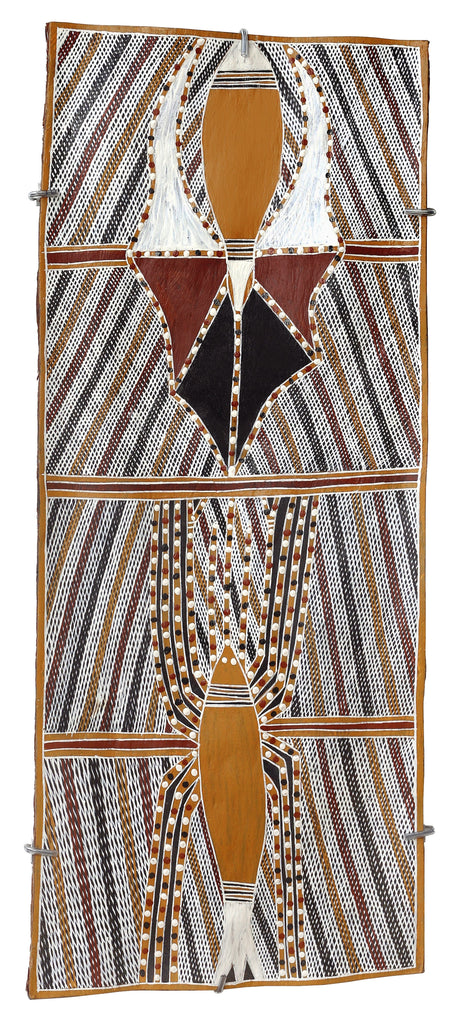 Aboriginal Artwork by Ŋoŋu Ganambarr, Mädi, 84x33cm Bark