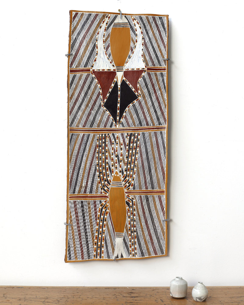 Aboriginal Artwork by Ŋoŋu Ganambarr, Mädi, 84x33cm Bark