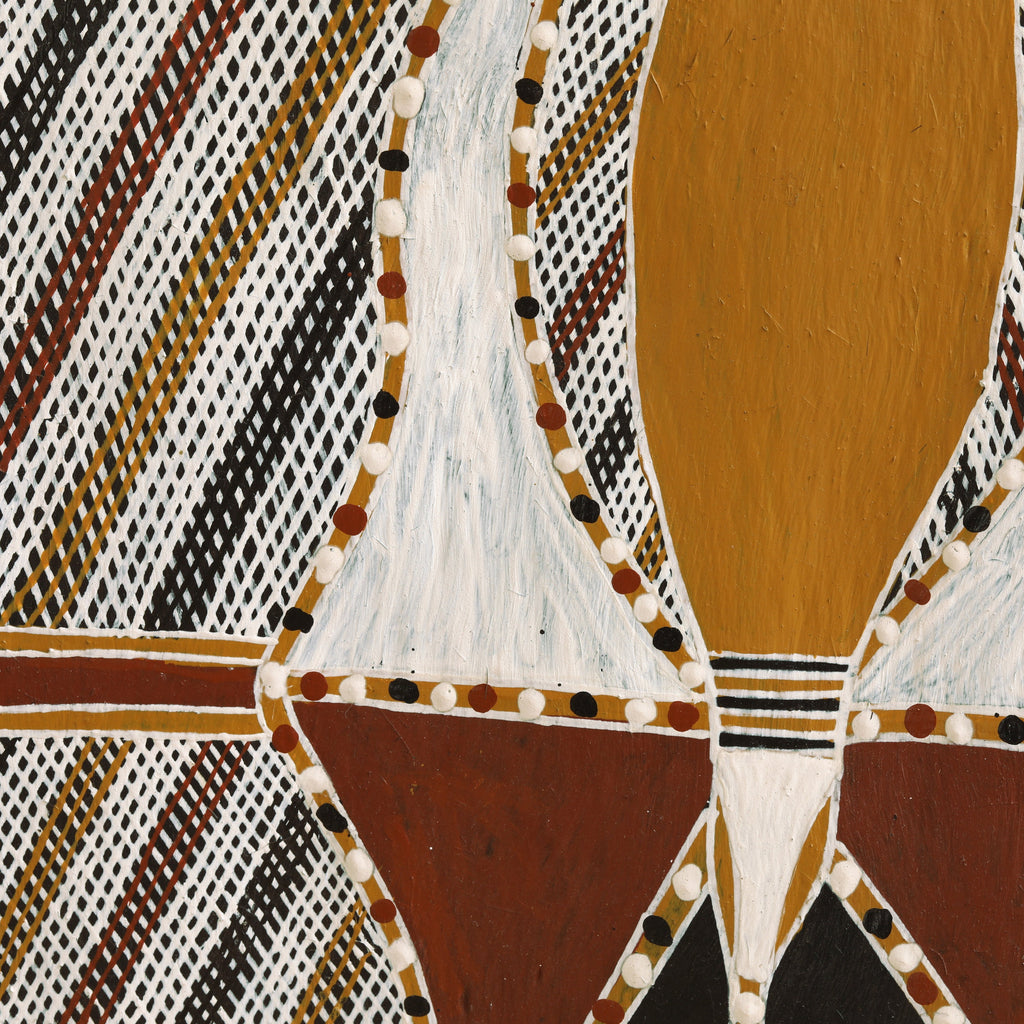Aboriginal Artwork by Ŋoŋu Ganambarr, Mädi, 84x33cm Bark