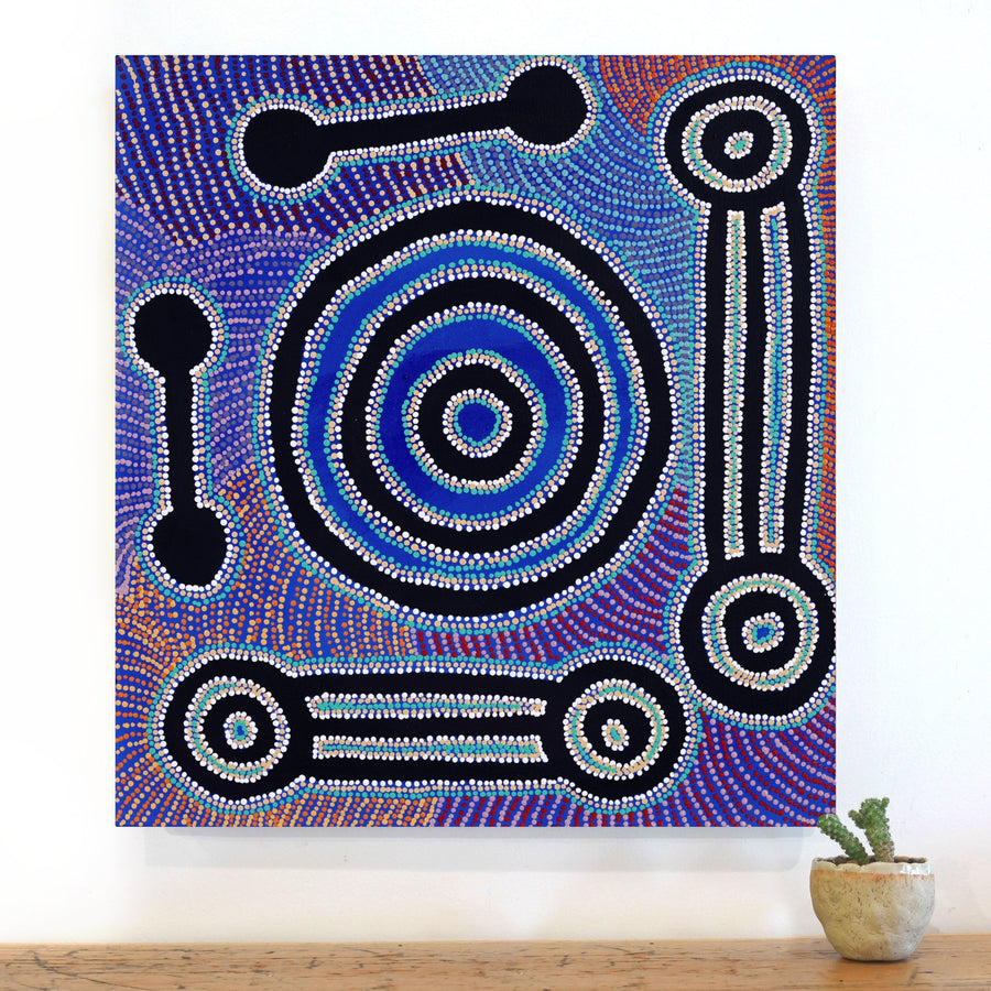 Aboriginal Artwork by Noreen Dixon, Sisters at Watarru, 60x56cm