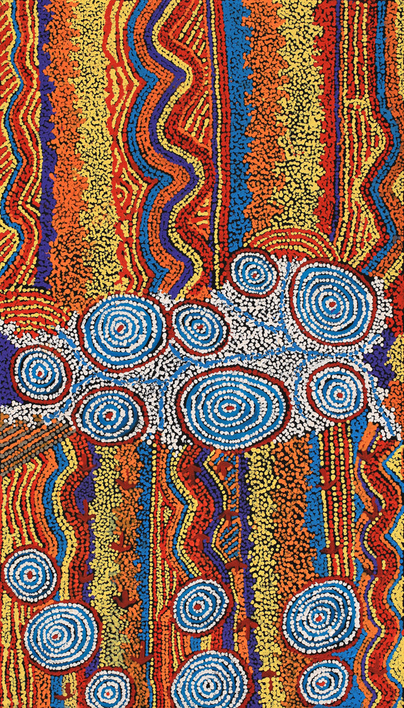 Aboriginal Artwork by Ormay Nangala Gallagher, Ngapa Jukurrpa (Water Dreaming) - Mikanji, 107x61cm