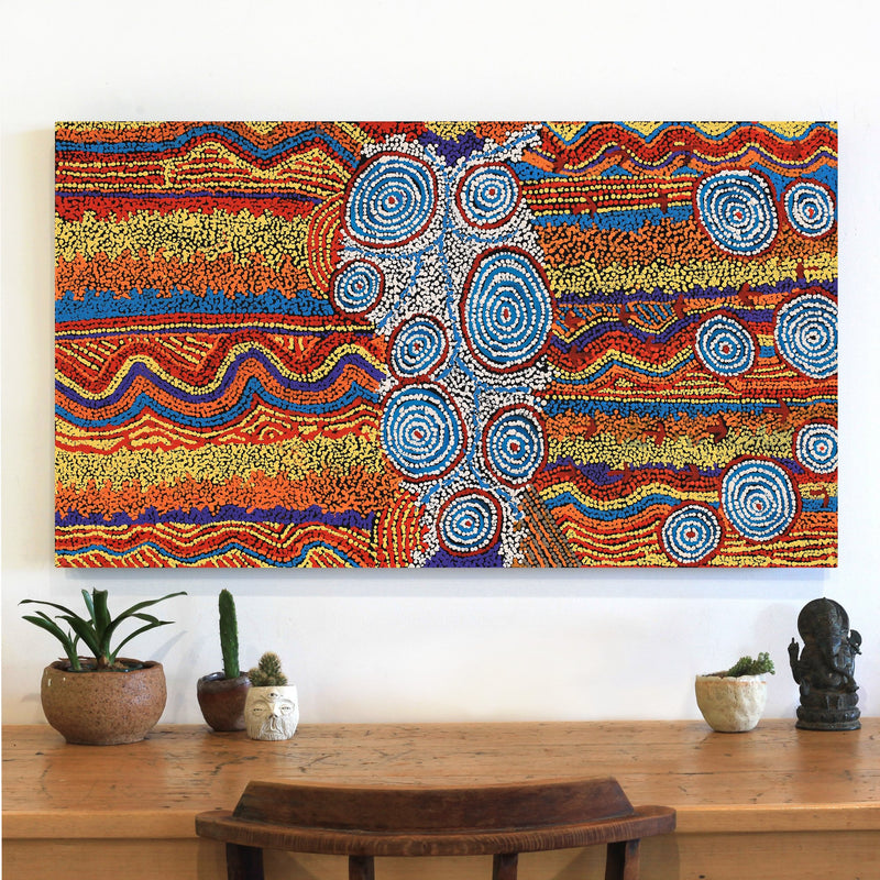 Aboriginal Artwork by Ormay Nangala Gallagher, Ngapa Jukurrpa (Water Dreaming) - Mikanji, 107x61cm
