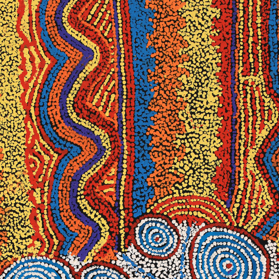Aboriginal Artwork by Ormay Nangala Gallagher, Ngapa Jukurrpa (Water Dreaming) - Mikanji, 107x61cm